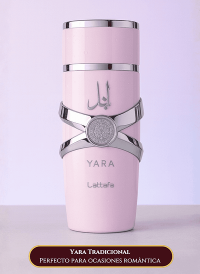 Latafa Yara tradicional, frasco rosa sofisticado, perfeito para presentes românticos e ocasiões especiais.