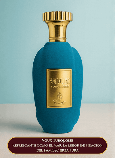 1. Perfume VOUX Turquoise com embalagem azul e detalhes dourados.